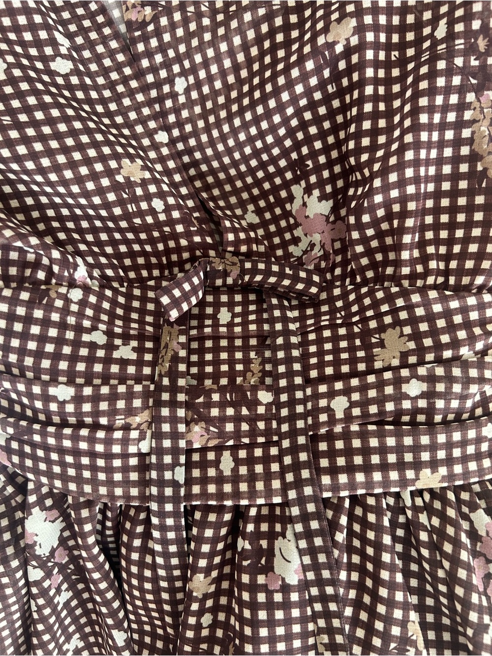 Zara Brown Gingham & Floral Long Sleeve Deep V-Neck Mini Dress - Picture 10 of 11